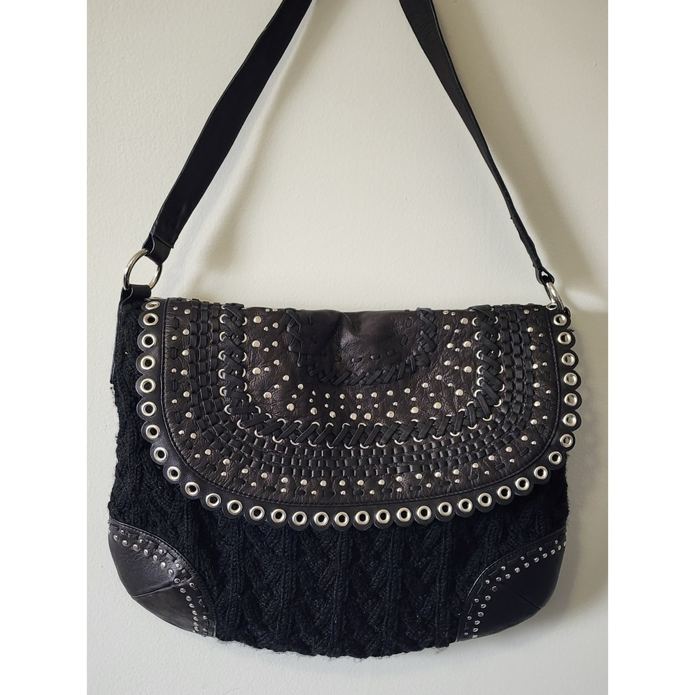 The Sak Pink Label Black Cable Knit Leather Studded Whipstitch Shoulder Bag